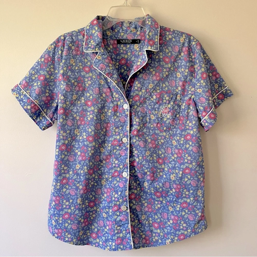 Lauren Ralph Lauren Button Up Pajama Top Large Shabby Chic Blue Floral